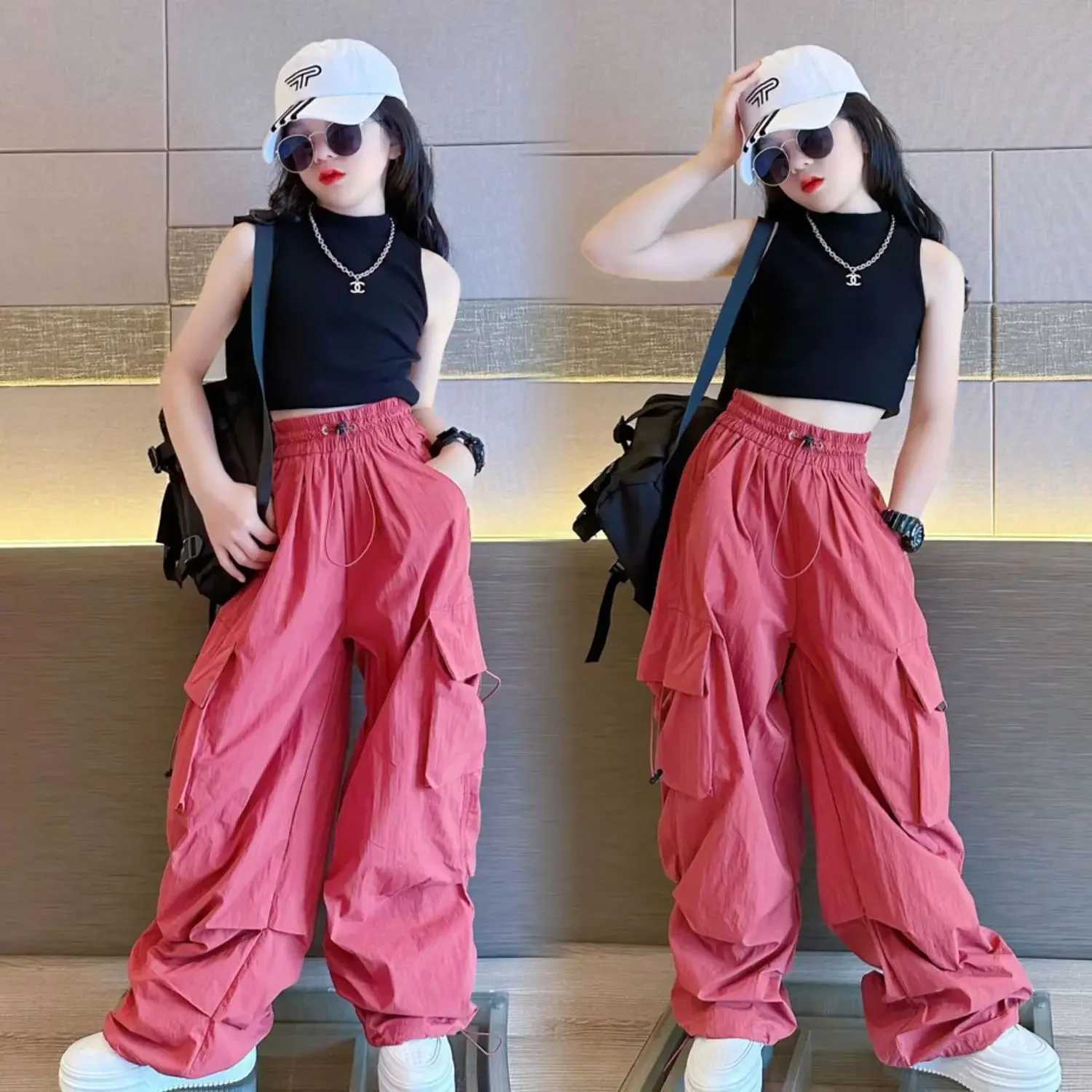 5-14Y childrens hip-hop jogging pants girls cargo pants teenagers straight three person high waist retro casual street bag pantsT250318
