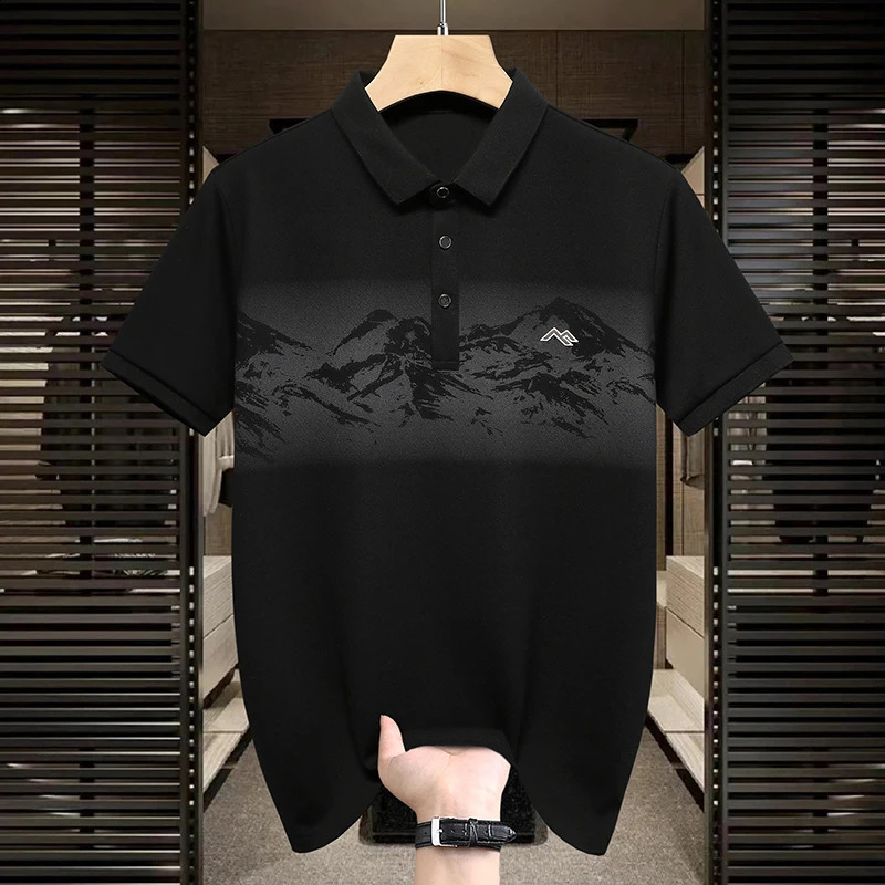 Summer Mens POLO Printed Collar Top Fashionable Business Casual Ice Silk Elastic Quick Drying Short Sleeve T-shirt 250317
