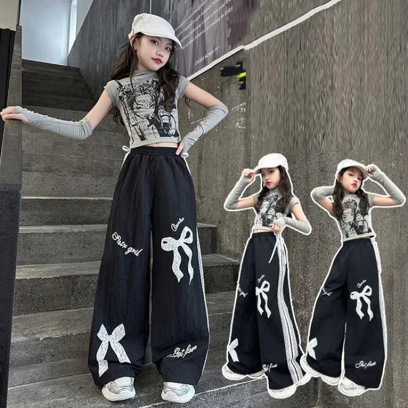 Girls printed bow pants big childrens spring fashion lace touch childrens loose casual pants autumn youth wide leg touch 5-14YT250318