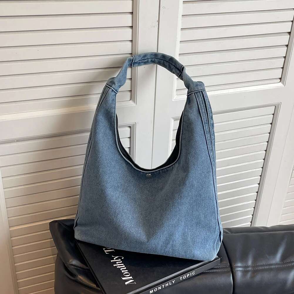 Women Vintage Shoulder Large Capacity Denim Simple Hobo Solid Color Versatile Shopping Female Daily Commute Bag