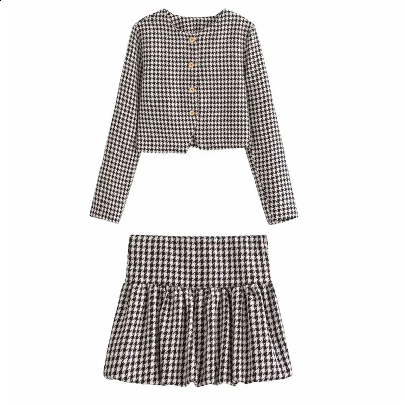 Womens Suit 2025 Houndstooth Long Sleeve Crew Neck Top Balloon Fit Mini Skirt Womens Retro Fashion Set 250318