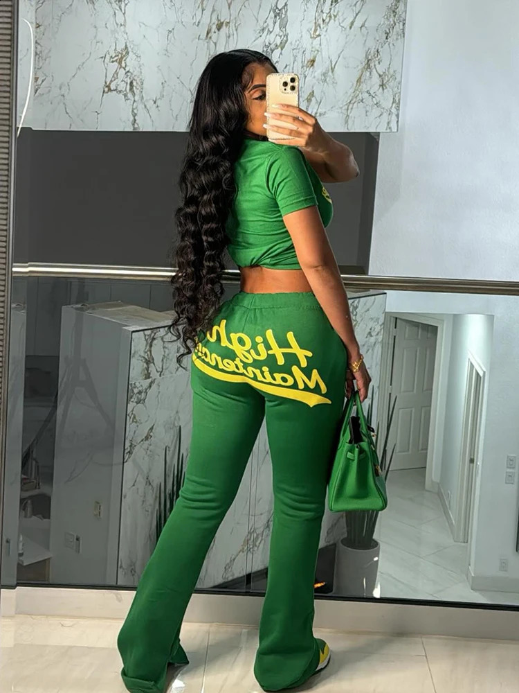 Weird cat casual womens track and field clothing 2piece set with letter printing short sleeved crop topmens street elastic 250319