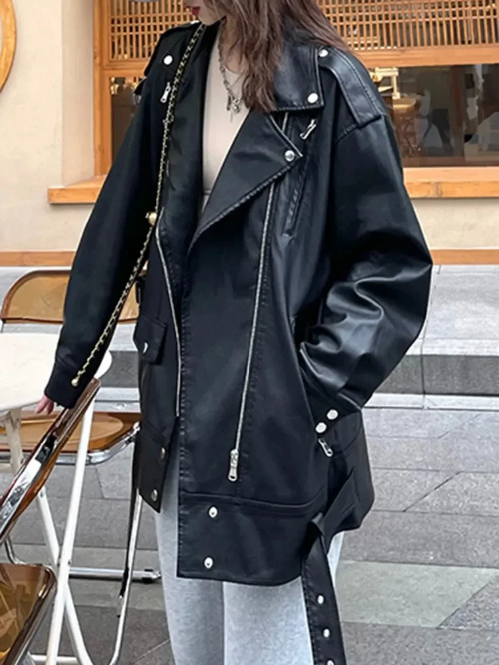 Black PU leather jacket European motorcycle synthetic fashionable womens with ultrafine belt 250319