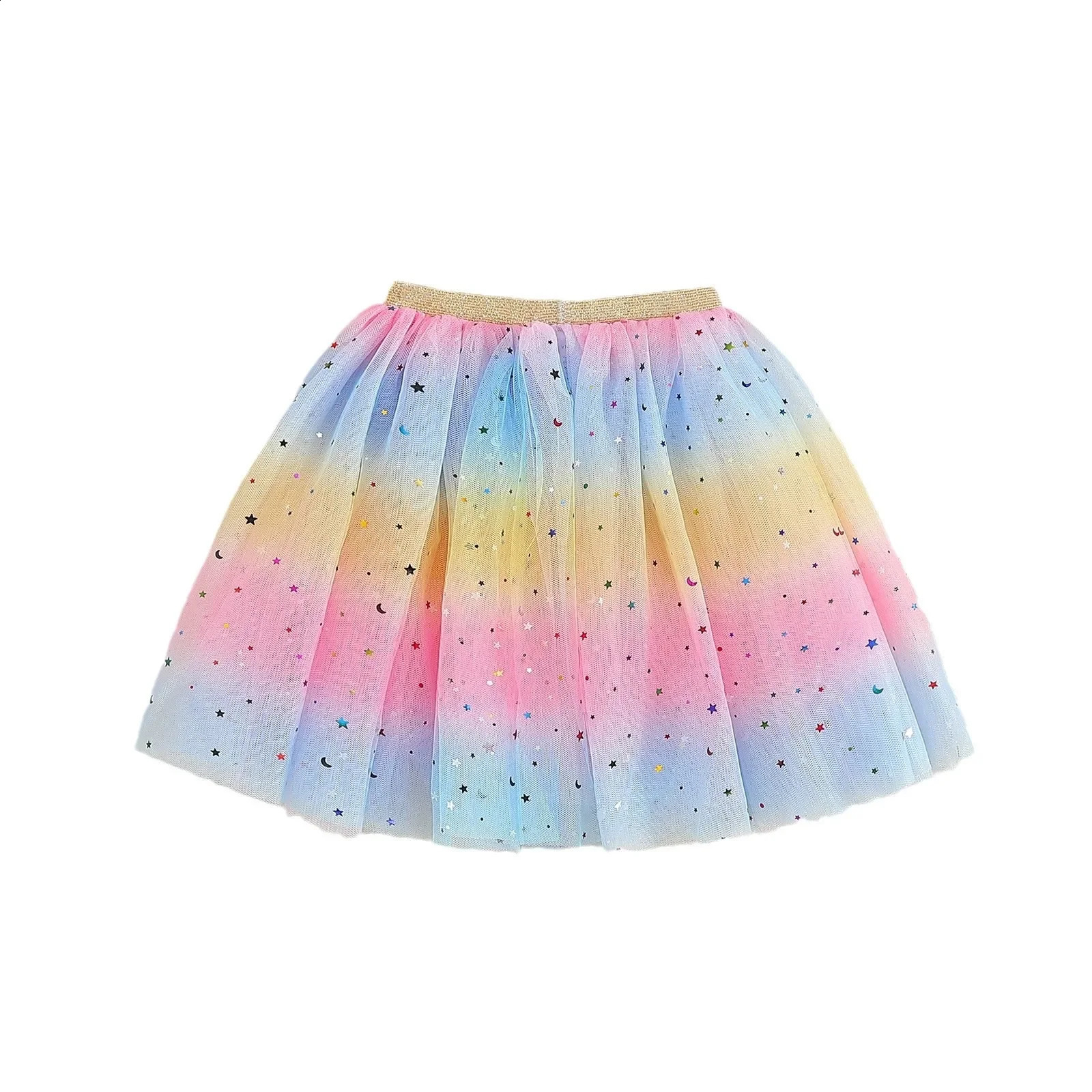 2025 Girls Tulle Star Short Rainbow Tutu Skirt Children Fancy Ballet Dancewear Party Costume Ball Gown Kids Mini Skirt 2-8Y 250319