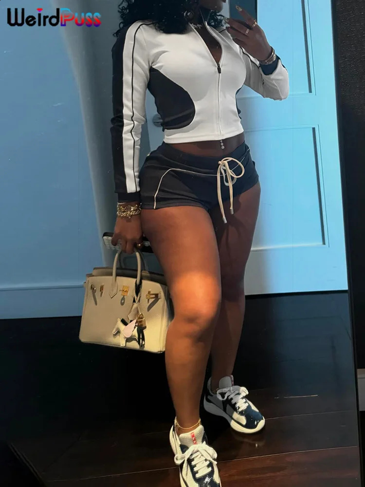 Weird Puss Casual Sporty 2piece Set Women Fall Trend Zip Hipster Patchwork Crop JacketShorts Matching Classic Tracksuit Outfits 250318