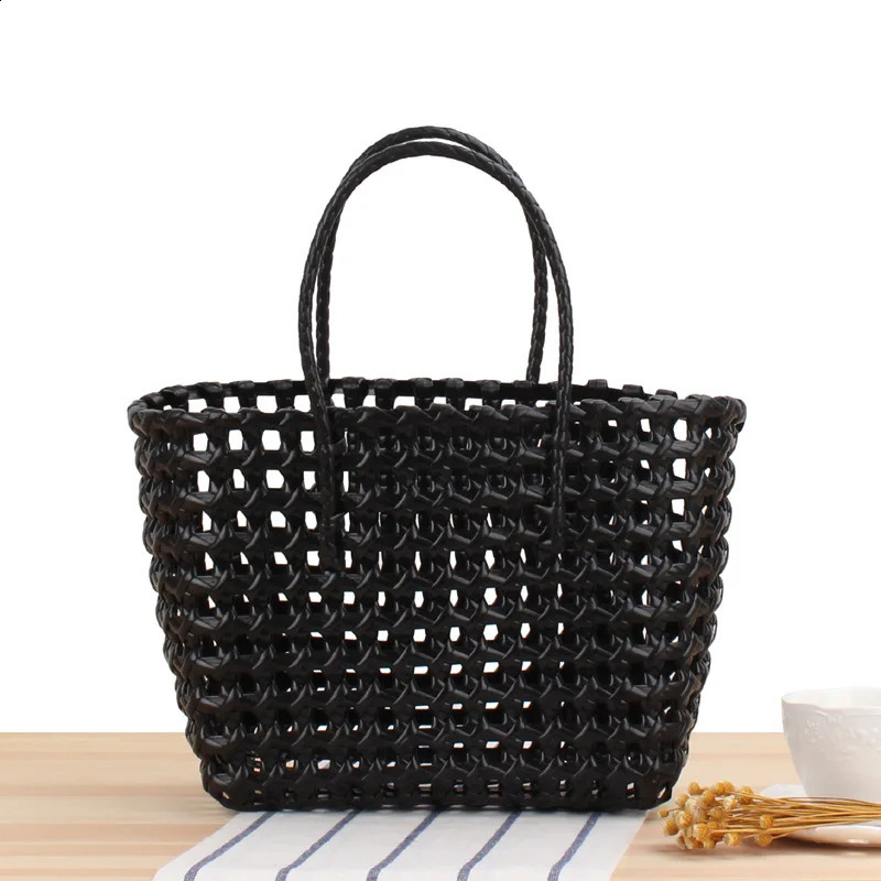 Womens PVC Candy Color Woven Handbag Causal Tote Bags Fashion Large Capacity Vegetable Basket Bag Plastic Hnadle Beach Bag 250314