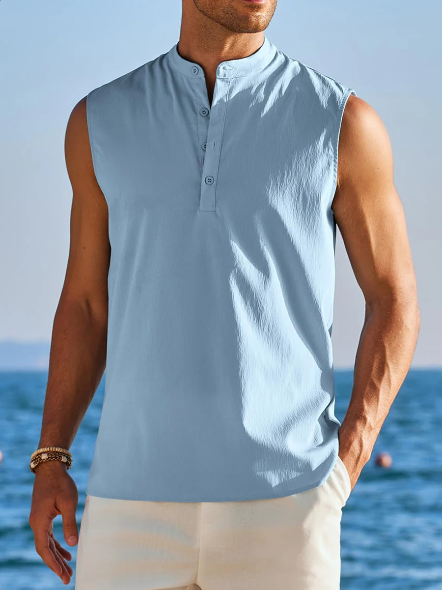 Mens casual hippie style collarless Henry collar vest street clothing solid color loose fit Tshirt summer 250319