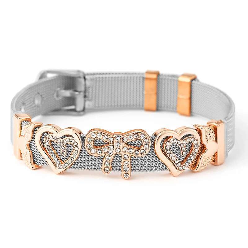 10mm Crystal Bowknot Heart Beads Charm Bracelets DIY Stainless Steel Mesh Keeper Bracelets Pulseras Mujer For Women Men Jewelry