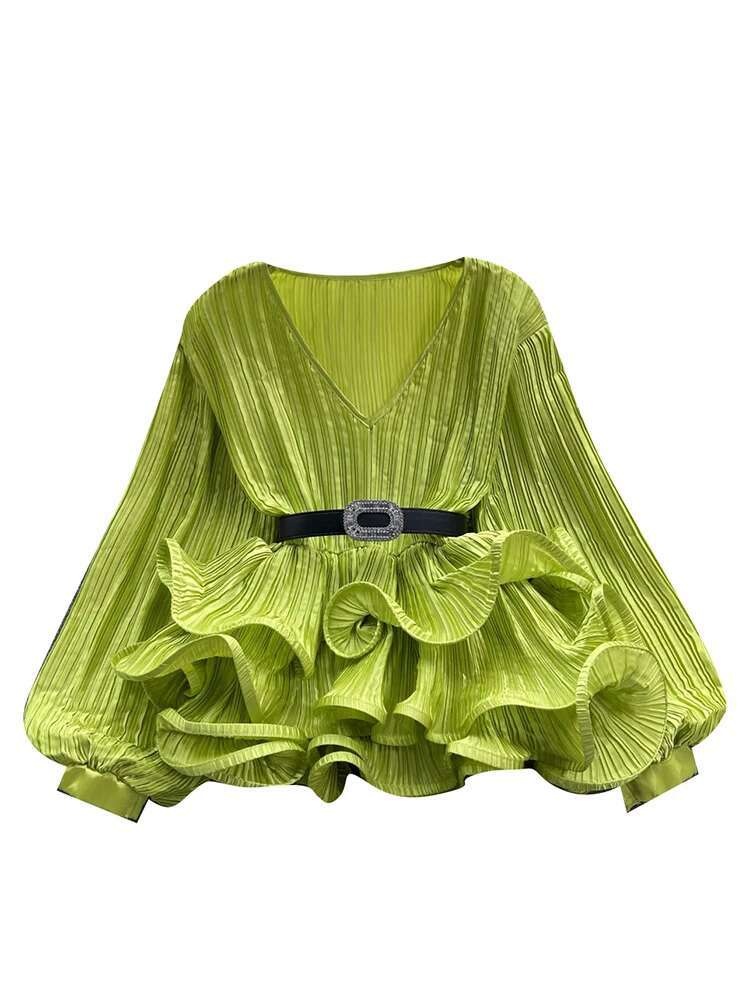 XFPV Elegant Solid V-Neck Belt Ruffles Patchwork Slim Blouse Women Temperament Basics Shirt 2025 Summer New Tide Fashion Sm6134