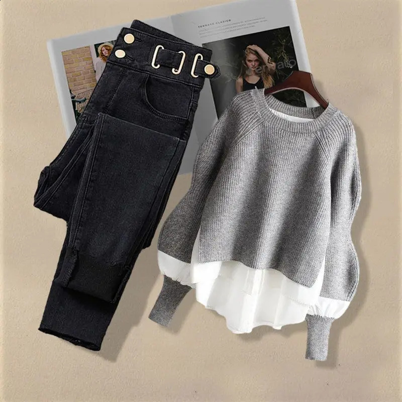 2025 Spring Autumn Vintage Jeans Matching Set Womens Korean Elegant Two Piece Knit SweaterHigh Waist Denim Pants Suit 250319