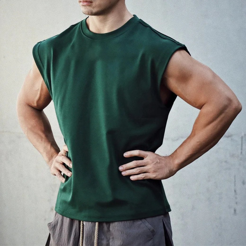 Mens Oneck Tank Top Solid Color Cotton Summer Gym Muscle Fitness Street Clothing Sleeveless Sweatshirt 250317