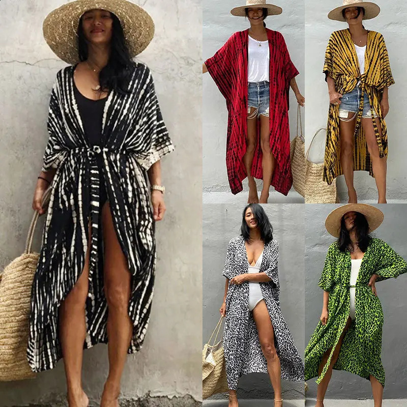 Beach Cover Ups for Swimwear Women Black Tie Dye Kimono Swimsuit Cape Summer Dress Beachwear Outfit Oversized Loose 250319