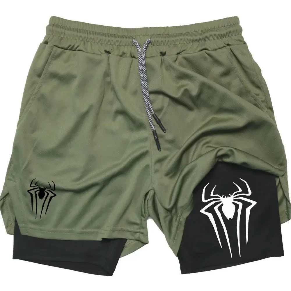 Mens spider printed compression shorts gym workout shorts Y2K with pockets 5 inches quick drying breathable 2-in-1 W250319