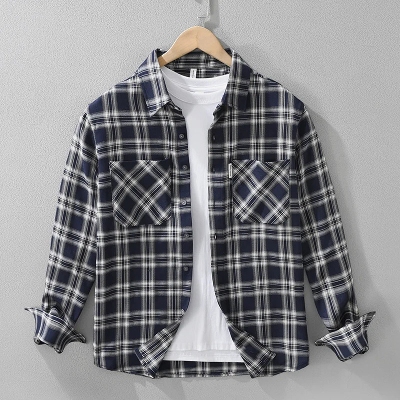 Mens Japanese Style Long-sleeved Shirts Casual Checkered Single-breasted Shirts With Chest Pockets Man Workwear Tops 250314