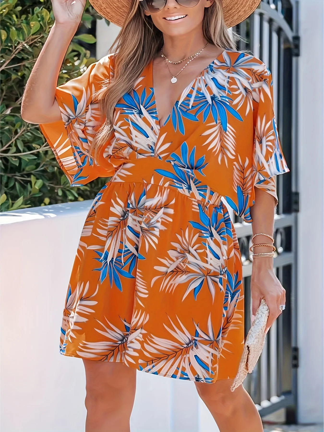 Large size springsummer vacation beach style leaf print dress waist lightweight and breathable essential fabric for 250319