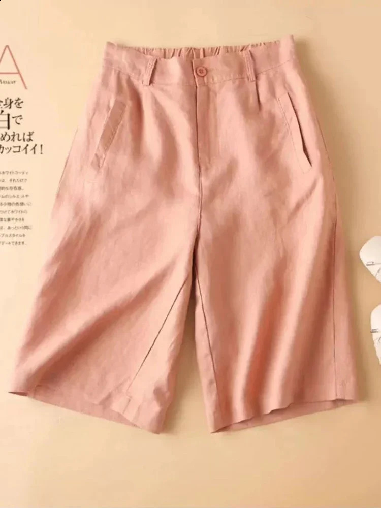Linen Womens Summer Shorts Casual Elastic Waist White Shorts Solid Basic Loose Wide Leg Cotton Linen Women High Waist Short 250318
