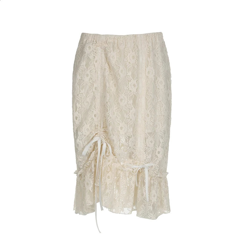CIBBAR Fairycore Lace Transparent Skirt y2k Vintage Drawstring Bandage Low Rise Midi Skirts Women 2000s Harajuku Ladies Clothing 250319