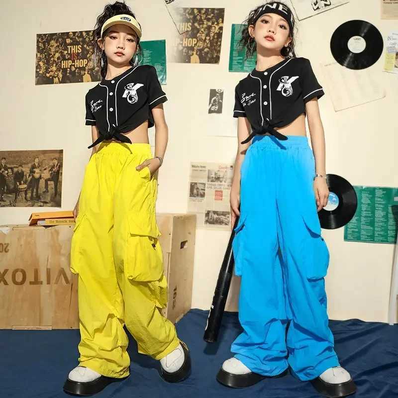 Teenage Girls Hip Hop Sweat Pants Yellow Cargo Pants for Kids New Fashion Summer Streetwear Skateboarding Jazz Dance CostumeT250318