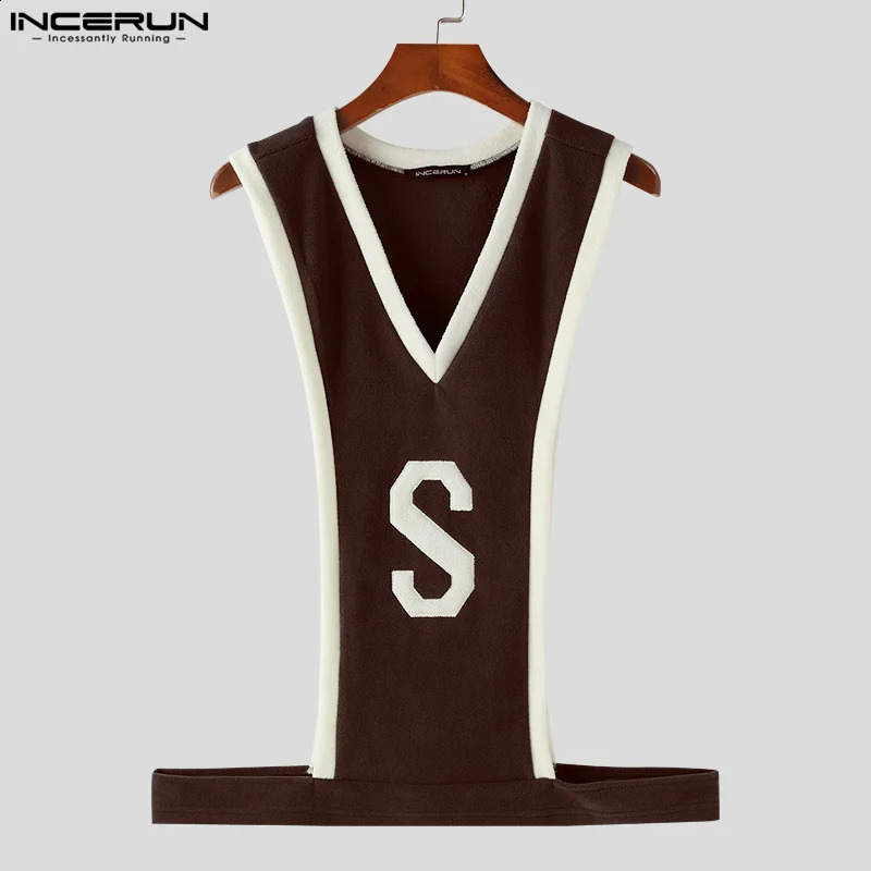 INCERUN Tops Korean Style Sexy Fashion Men S Letter Pattern Splicing Striped Vests Summer Casual Sleeveless Tank Tops S-5XL 250319