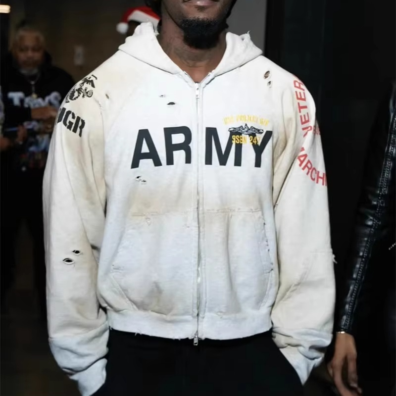 Fashion Make Old Dirty Hooded Jackets For Men Women Loose Worn Out Zip Up Hoodies Streetwear Cotton Sweatshirt