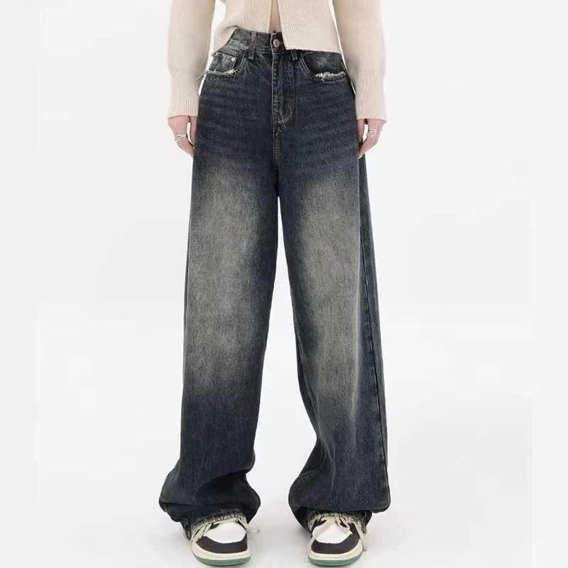 New Y2K bagged jeans womens streetwear retro fashion autumn high waisted pants loose wide leg denim Trousers womenT250319