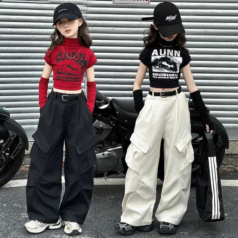 spring teen girls Wide leg cargo pants junior kid Casual cargo pants trousers Broken sleeve t-shirt Hip hop jazz street danceT250318