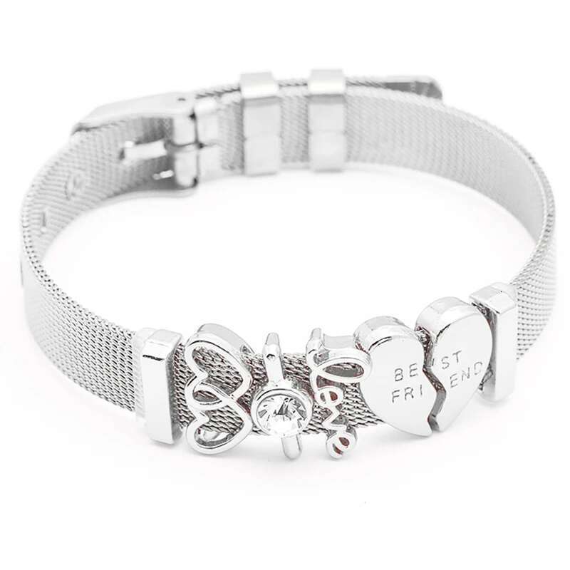 Jewelry Silver Color Stainless Steel Mesh Bracelets Bangles with Love Heart Slide Charms Bracelets for Women Lover Gift
