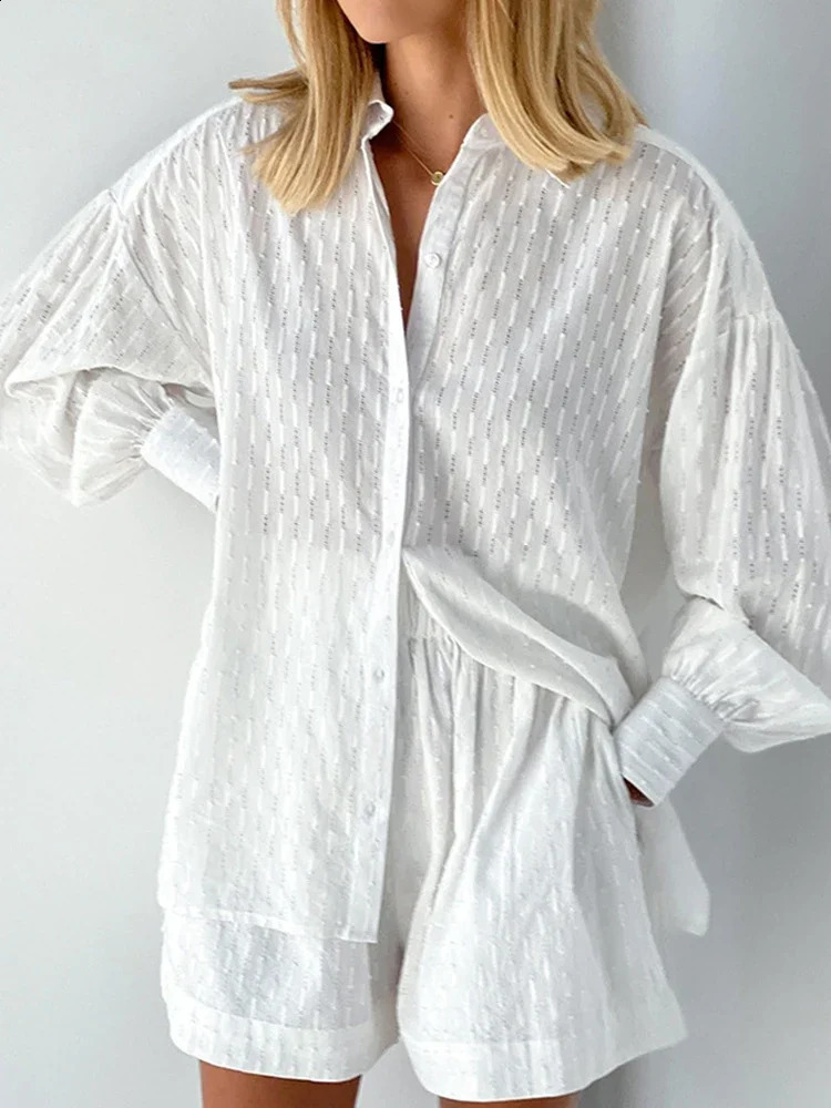 Casual Jacquard Shorts Suit Women Fashion Summer Loose Long Sleeve Shirt Two Piece Set Lady Hawaiian Style Shorts 2 Piece Set 250319