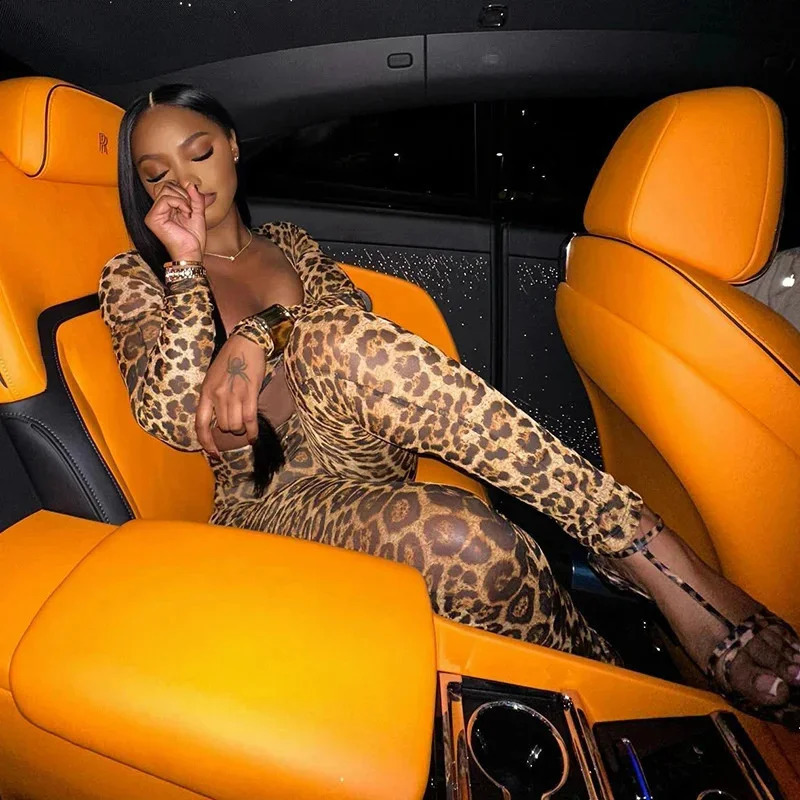 Leopard Print Hollow Jumpsuits Women Sexy V-Neck Full Sleeve Backless Skinny One Piece Overalls Nightclub Y2K Streetwear 250319
