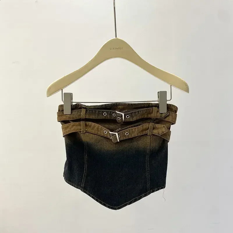 Irregular strapless vest with gradient washed denim top womens summer slim fit simple sexy top 250314