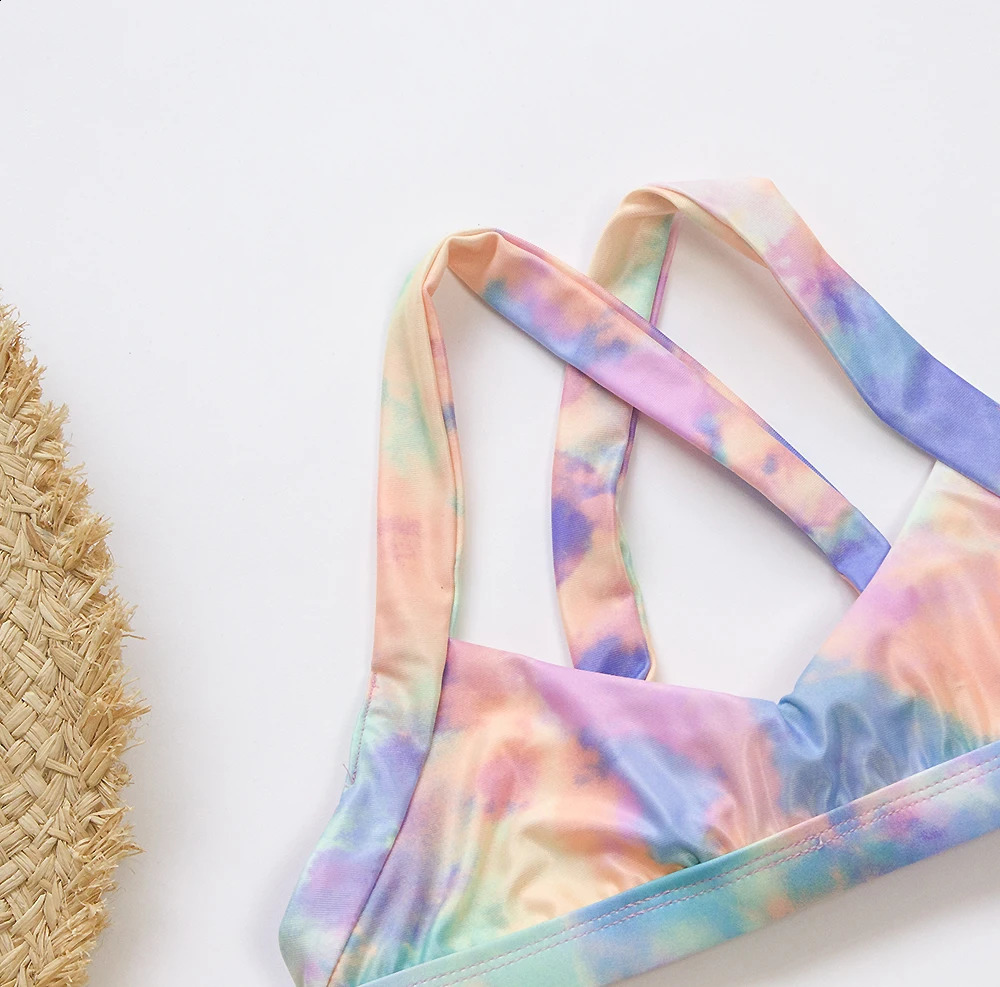 Teenage girl bandage bikini set tie dye print summer childrens swimsuit student twopiece 250319