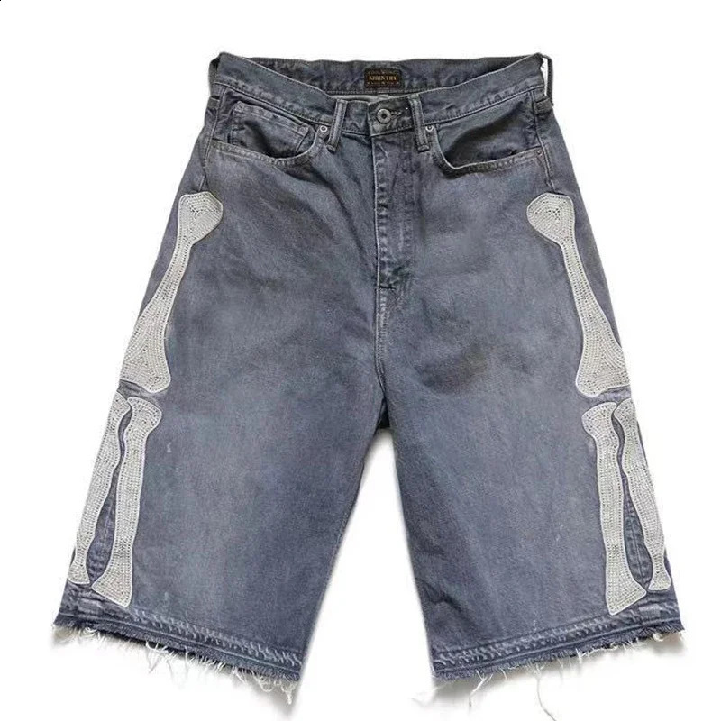 KAPITAL Hirata Hohiro Loose Casual Pants Embroidered Bone Printed Washing Water Used Raw Denim Shorts for Men and Women 250319