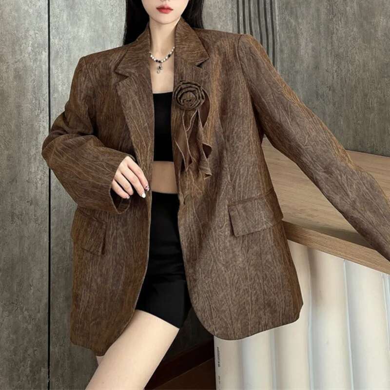 Vintage Style Women Suit Blazer Fashion 3D Ral Spliced Single Button Jackets Female 2025 Spring New Clothing 1A427