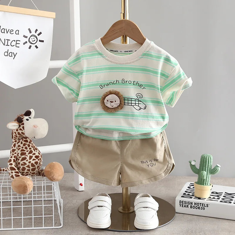 Boys Striped Casual Outfit Round Neck T-shirt Shorts Kids Summer Clothes Sets 250319