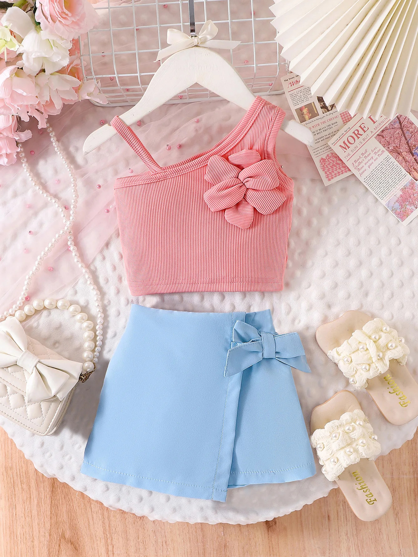 2PCS Cross-Border Summer Girls 1-3 Years Old Comfortable And Trendy Pink Top With Slanted Shoulders Blue Shorts Set 250319