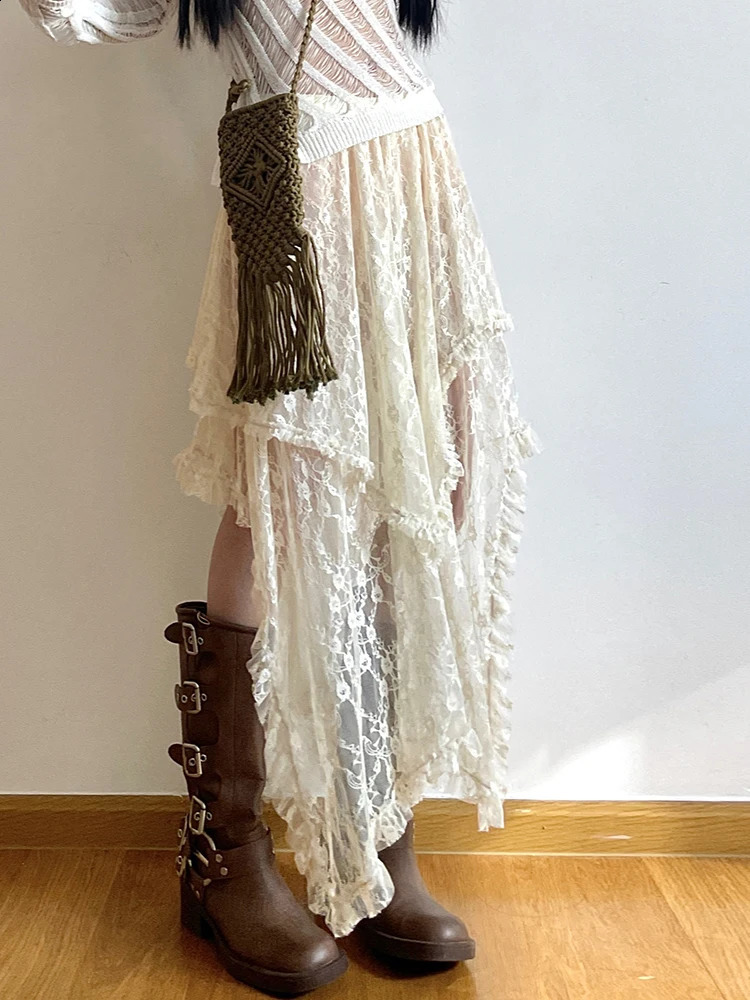 Rockmore Lace Irregular Skirt Grunge Fairycore Women Vintage Y2K Boho Aesthetic Coquette Low Waist Mid Skirts Holiday Outfits 250319