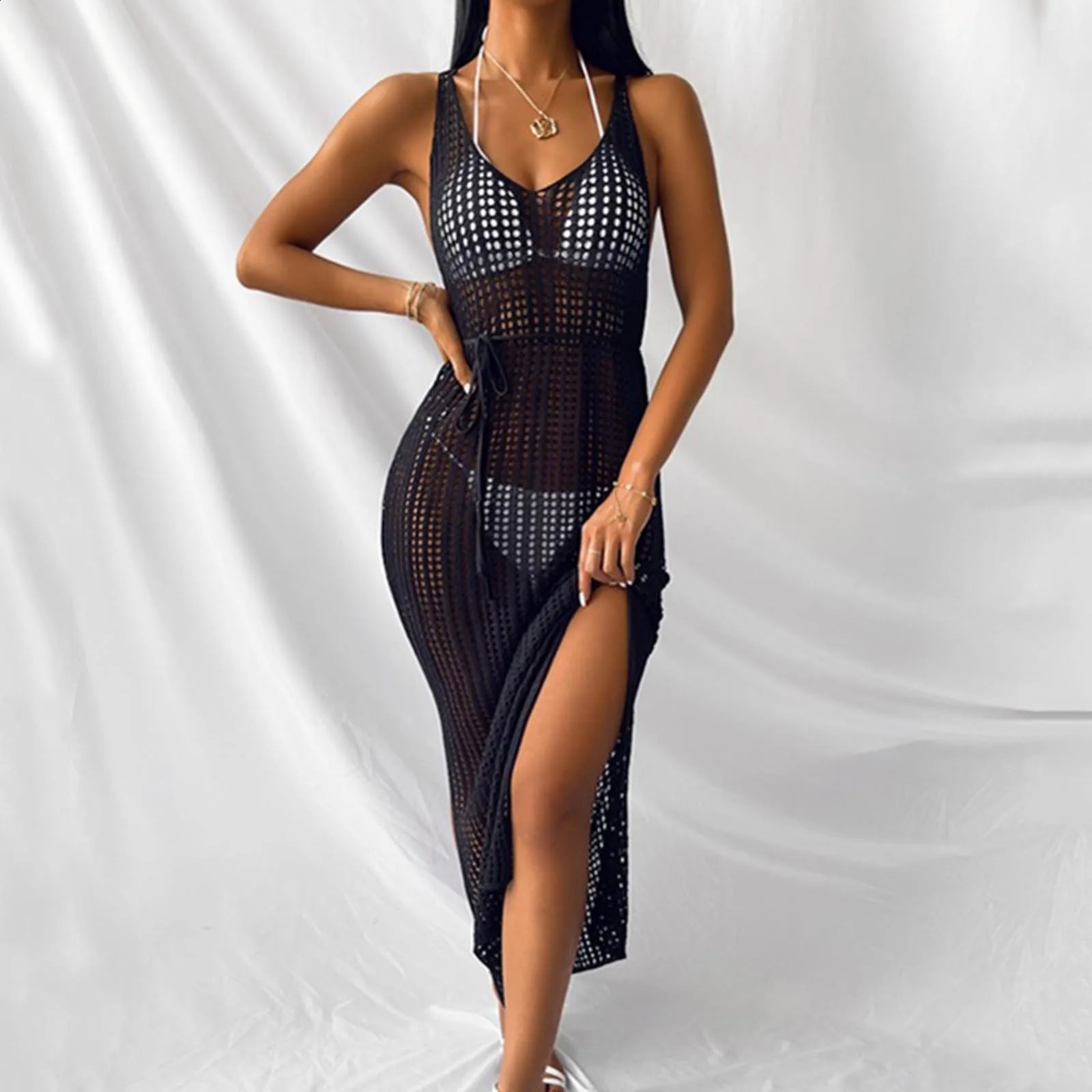 Sexy Sleeveless Knit Dress And Split Skirt Swimwear Pool Beachwear Womens Loose Bathing Suit Hollow Out Cover Ups Saida De Praia 250313