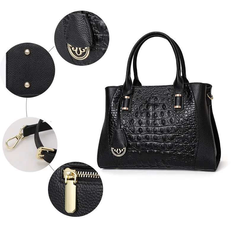 Aidrani New Women's Crocodile Pattern Handbag, Large Capacity High Quality Cowhide Bag, Black