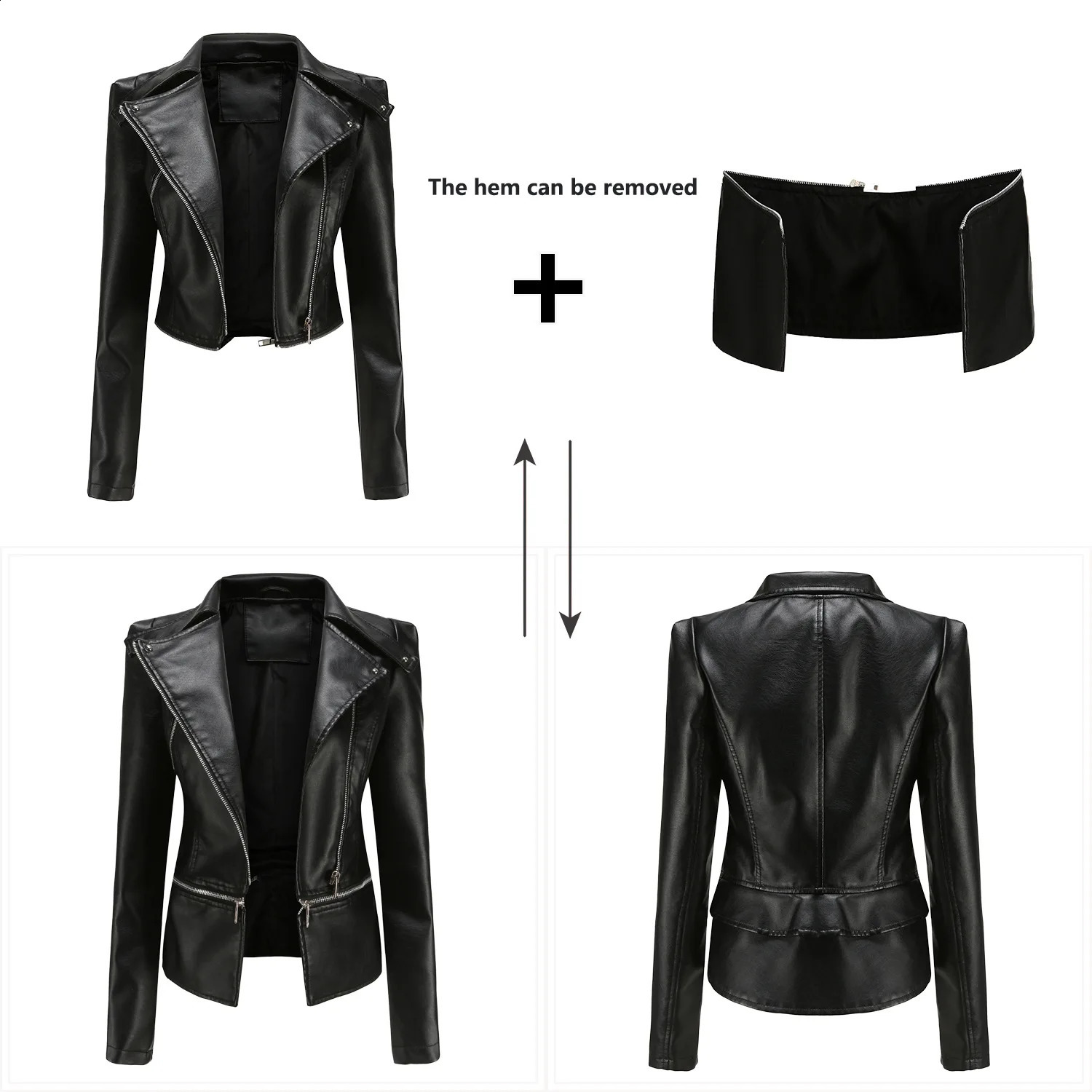 2025 SpringSummer Womens Leather Jacket Detachable Bottom Collar Zipper Casual Coat Motorcycle Windproof 250319
