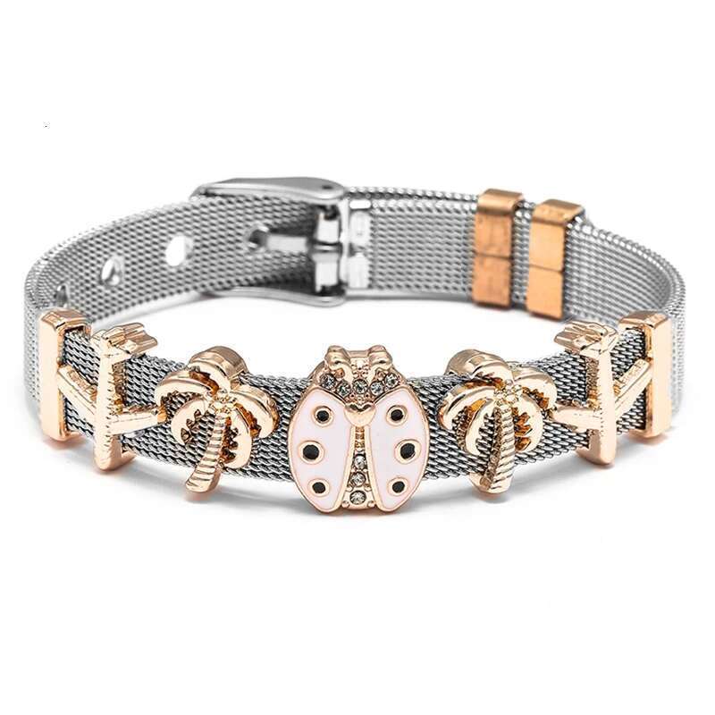 10mm Stainless Steel Mesh Bracelets With Aircraft Coconut Tree Beads Charm Keeper Bracelets Bangles For Women Men Jewelry Gift