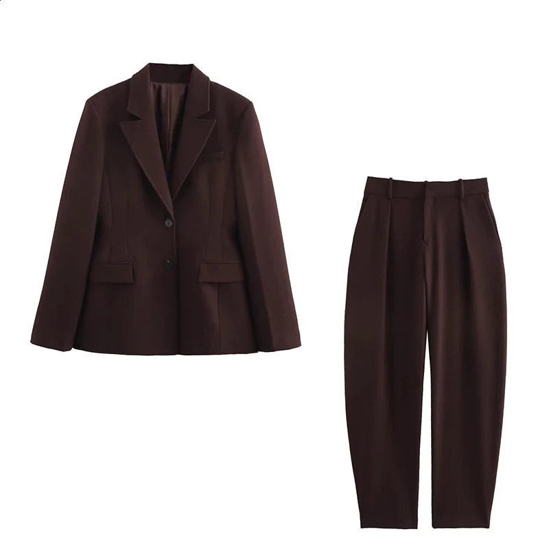 Willshela Womens Fashion 2piece Brown Single Chest Jacket and Retro Front Zipper Trouser Femle Pants Set 250319
