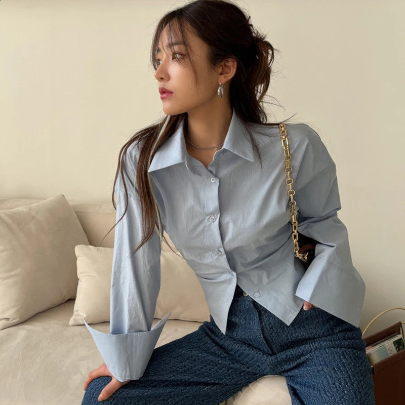 Gidyq Korean Bandage Shirt Women Fashion Backless Sexy Blouse Office Ladies Casual Slim Chic Turn Down Collar Long Sleeve Tops 250319