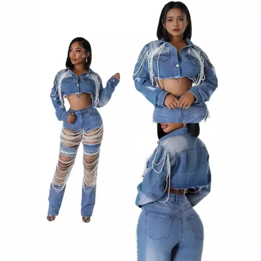 Womens Denim Coats Single Breasted Short Coat Casual Pearl Turn Down Collar Y2k Streetwear Jackets Punk Splice Jacket Elegant 250319