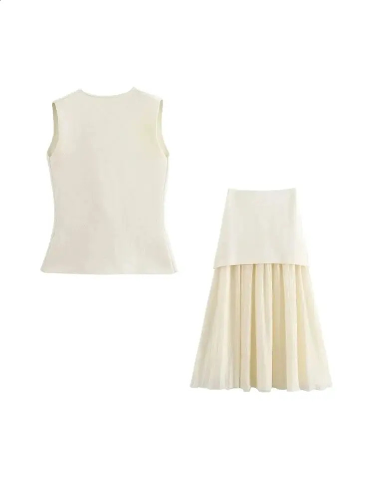 TRZA Women Fashion With Golden Buttons Knit Waistcoat And High Elastic Waist Pleated Midi Skirt Female Two Piece Sets Mujer 250318