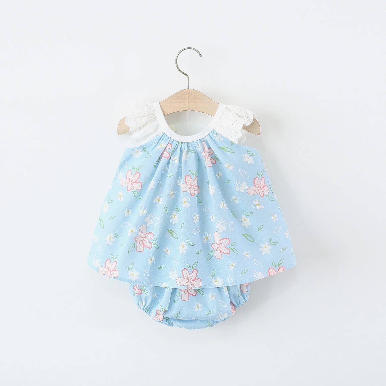 Summer baby clothing set with cute bunny flower print blue top and shorts 2 pieces of girl 250319