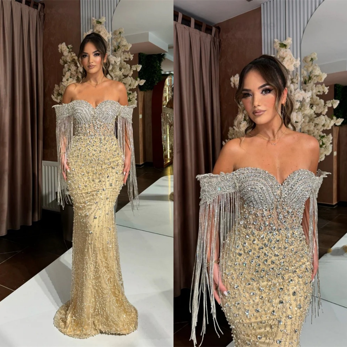 Gorgeous Evening Dresses For Women Off Shoulder Sleeveless Gown Sequins Crystal Tassel Sweep Train Party Customized Dress