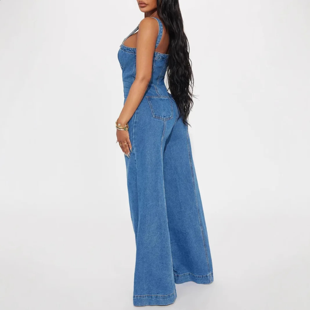 Jumpsuits Women One Piece Slim Fit Sling Sleeveless Demin Overalls Long Pants High Waist Rompers Wide Leg Pant Y2k Streetwear 250319