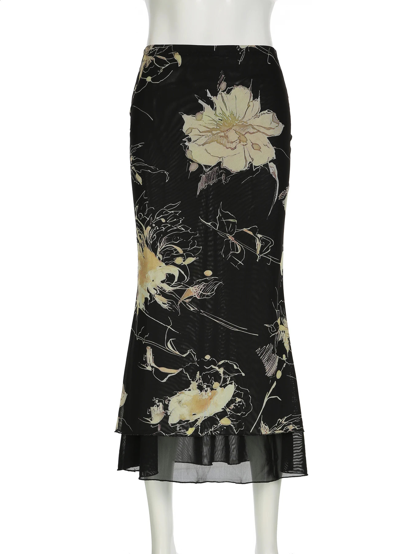 IAMSURE Vintage Floral Mesh Straight Skirt Casual Slim Mid-Waisted Maxi Skirts Women 2024 Summer Spring Fashion Streetwear Lady 250313