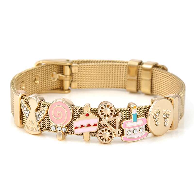10mm Gold Color Winter Series Santa Claus Bells Beads Mesh Bracelet Stainless Steel Charm Bracelets For Women Christmas Jewelry
