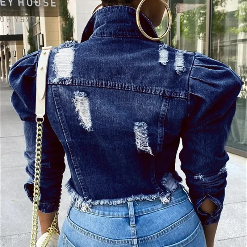 Fashionable Bubble Long Sleeve Collar Button Spliced Denim Jacket for Womens Piercing Tassel Trend Street Clothing 250319